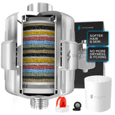 SparkPod 23-stage shower filter close-up shows chrome finish and advanced filtration for softer skin.