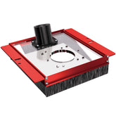 SpeTool dust collection hood mounted to slab router sled shows organized dust path and clean workspace