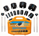 Spyder 18-piece tungsten carbide hole saw kit shown for versatile drilling tasks.