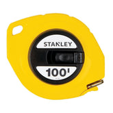 STANLEY 100 ft tape measure with yellow case showing easy-wind retraction