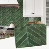 STICKGOO thick herringbone backsplash close-up in green highlights durability and refined pattern
