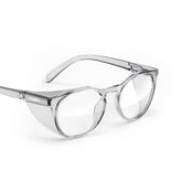 Stoggles round Z87.1 frame closeup shows lightweight comfort and certified safety.