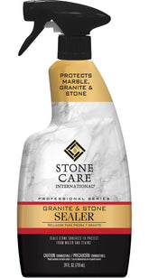 Stone Care International Granite Sealer bottle ready for countertop treatment.