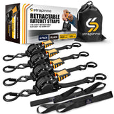 Strapinno retractable ratchet strap 1in x 10ft with black strap provides quick, tangle-free securing.
