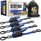 Strapinno retractable ratchet strap in blue with rubber-coated handle securing motorcycle transport