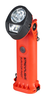 Streamlight Survivor Pivot front view in orange, rugged work flashlight built to endure harsh conditions.