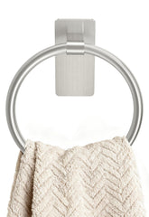 STWWO brushed nickel towel ring with adhesive base on bathroom wall for easy setup