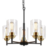 Sucolite 19.8-inch chandelier with black frame and glass shades enhances dining ambience.