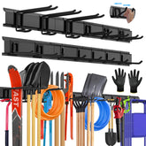 SUKIZZ 96'' wall-mounted garage tool organizer with rails and hooks for easy tool access.
