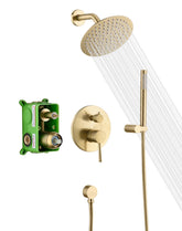 Sumerain brushed gold 8-inch rain shower head delivers strong rainfall.
