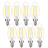 Sunaiony LED candelabra bulb with 2700K exposed filament in clear glass for warm ambience, ideal in chandeliers.