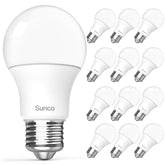 Sunco A19 LED bulbs 12-pack packaging, easy install and energy efficiency.