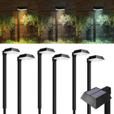 Sunco 6-pack solar path lights brighten a cord-free walkway along a garden path.