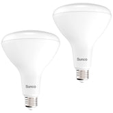 Sunco BR40 LED bulb in indoor flood light illuminating a living room.