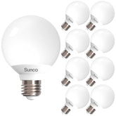 Sunco G25 LED bulbs in packaging highlight energy efficiency and easy replacement.