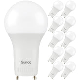 Sunco Lighting GU24 A19 LED bulb with twist-lock base delivering instant 800 lm brightness.