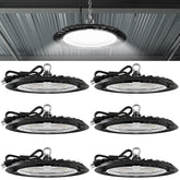Sunco UFO LED High Bay 150W front view shows bright, even warehouse lighting.
