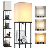 SUNMORY 5-tier floor lamp with shelves shows built-in storage for books and decor in a bright corner