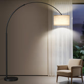 SUNMORY arc lamp shows 82-inch height for wide overhead lighting in a living room
