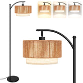 SUNMORY arc floor lamp with a woven rattan shade enhances cozy living room ambiance.