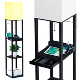 SUNMORY floor lamp with shelves and drawer adds organized storage and warm lighting.