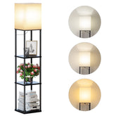 SUNMORY floor lamp with shelves front view showing integrated storage for books and decor
