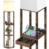 SUNMORY floor lamp with shelves and drawer offering organized surface and charging.