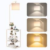 SUNMORY floor lamp with table and shelves offers integrated storage.
