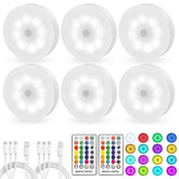 Sunnyes LED puck light with remote showing color options for ambient lighting