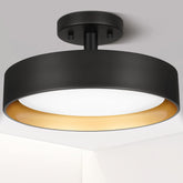 SunRider semi-flush mount with black exterior and gold interior adds vintage-modern elegance to hallways