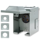 Suplevel 50 Amp outlet box front view showing weatherproof enclosure for outdoor use
