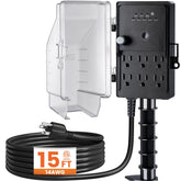 SURAIELEC outdoor power stake with dusk-to-dawn sensor powering porch lights automatically