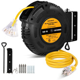 SURAIELEC 50 ft retractable extension reel in bright yellow for organized power.