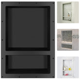 Suteck shower niche overview showing spacious built-in storage for toiletries.