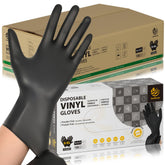 SWIFTLITE black vinyl gloves packaging shown for easy stocking and bulk access