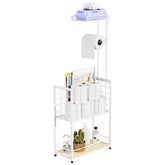 SWTYMIKI freestanding 4-tier toilet paper holder with shelf keeps essentials within reach.