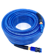 SYXQT PU air hose 100ft dark blue with aluminum quick coupler for versatile garage use.