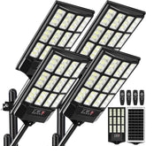 SZPIOSTAR 4-pack solar street lights, front view, boosting yard visibility with broad 216-LED coverage
