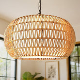 Tadpole Jump 5-Lights Boho Rattan Chandelier for dining room with warm ambient light.