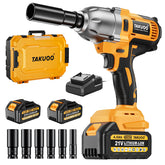 Takuoo cordless half-inch brushless impact wrench front view showing powerful torque for heavy jobs.