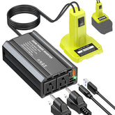 TANHEYIN 300W inverter connected to Ryobi 18V battery slot for portable power on the go.