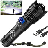 taoquwe flashlight with a 99,000-lumen beam lighting a campsite for night visibility