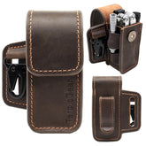 TarbicGear leather multitool sheath on belt for secure outdoor carry.