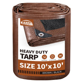 TARPAL heavy-duty tarp in brown covers a 10x10 ft area for durable protection