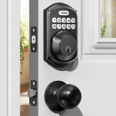 TEEHO TE001K front door lock installed with matte black finish for secure keyless entry