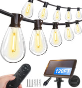 Tenmiro 120ft solar outdoor string lights with remote create warm patio ambiance.