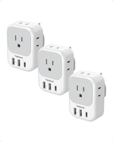 TESSAN US-to-UK adapter showing four outlets and three USB ports for travel.