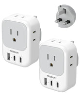 TESSAN US-to-UK plug adapter with four outlets and two USB-C ports for travel.
