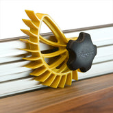 The Hedgehog Mini Fence Featherboard front view shows secure wood hold during cuts.