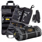 The Ryker Bag Black Pro Tool Roll with detachable pouches for bolts and sockets